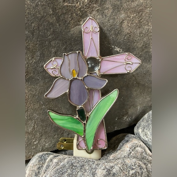 Handmade Stained Glass Cross & Iris Plug-in Night Light. - Picture 6 of 8